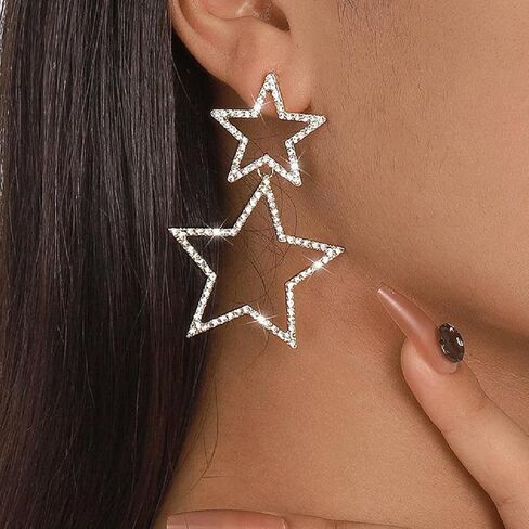 Star Earrings Gold/Silver Sparkly Rhinestone Earrings for Women Big Tassel Star Drop Earings For s Birthday Party Star Jewelry Gifts in Saudi Arabia