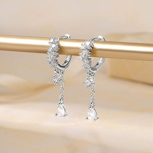 925 Sterling Silver Drop Drop Dangle أقراط مكعبة Zirconia teardrop Hoop Dangle أقراط للنساء 14 كيلو الذهب الذهب Hypoallergenic الأنيق قطرة ماء تشيك ستانج سلسلة هوجي حلق المجوهرات in Kuwait