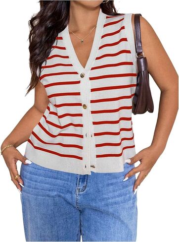 SOLY HUX Women's Plus Size Striped Sweater Vest V Neck Sleeveless Button Down Knit Tank Tops in Saudi Arabia