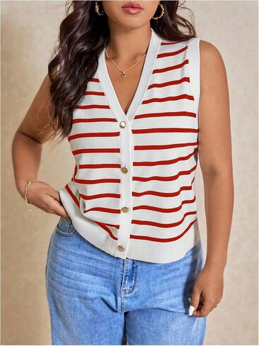 SOLY HUX Women's Plus Size Striped Sweater Vest V Neck Sleeveless Button Down Knit Tank Tops in Saudi Arabia