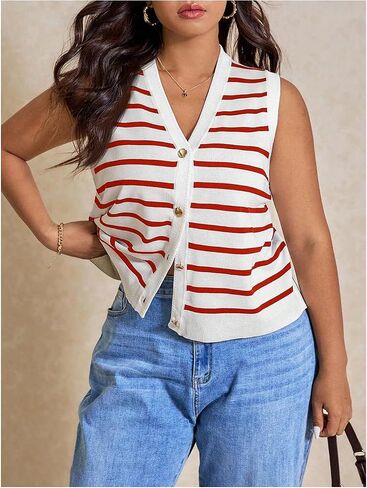 SOLY HUX Women's Plus Size Striped Sweater Vest V Neck Sleeveless Button Down Knit Tank Tops in Saudi Arabia