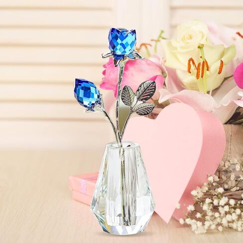 H&D HYALINE & DORA Blue Crystals Roses in Vase with Sliver Metal Stem Glass Figurine Ornament Wedding Gifts for Woman Home Party Decorations in Saudi Arabia