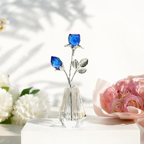 H&D HYALINE & DORA Blue Crystals Roses in Vase with Sliver Metal Stem Glass Figurine Ornament Wedding Gifts for Woman Home Party Decorations in Saudi Arabia