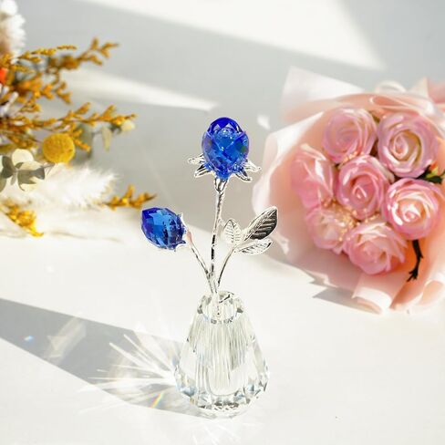 H&D HYALINE & DORA Blue Crystals Roses in Vase with Sliver Metal Stem Glass Figurine Ornament Wedding Gifts for Woman Home Party Decorations in Saudi Arabia