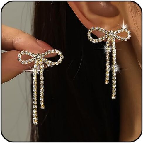 Black Bow Earrings for Women Trendy Black Earrings Rhinestone Dangling Sparkly Wedding Earings for Brides Bow Jewelry in Saudi Arabia