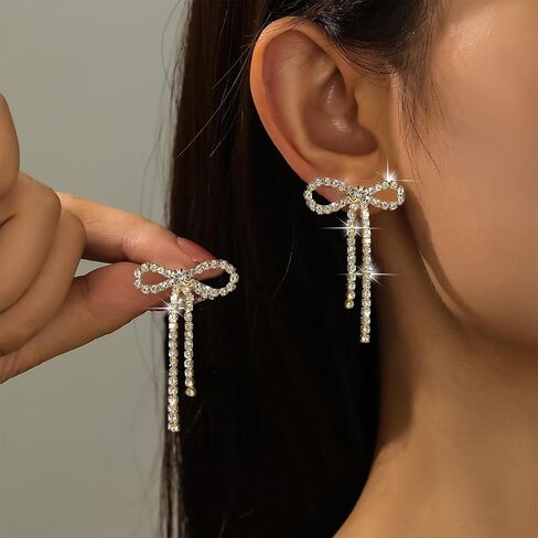 Black Bow Earrings for Women Trendy Black Earrings Rhinestone Dangling Sparkly Wedding Earings for Brides Bow Jewelry in Saudi Arabia