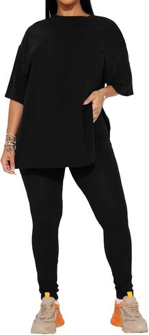 HBQ Women 2 Piece Outfits Summer Oversize Sweatsuits Drop Shoulder Split Hem Tracksuits Biker Short Workout Jogger Sets in Saudi Arabia