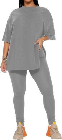 HBQ Women 2 Piece Outfits Summer Oversize Sweatsuits Drop Shoulder Split Hem Tracksuits Biker Short Workout Jogger Sets in Saudi Arabia
