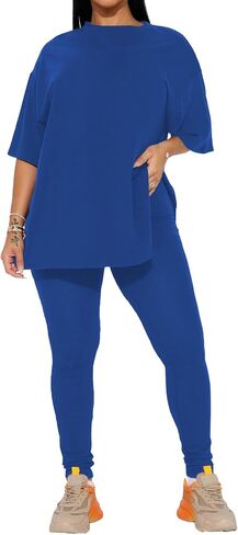 HBQ Women 2 Piece Outfits Summer Oversize Sweatsuits Drop Shoulder Split Hem Tracksuits Biker Short Workout Jogger Sets in Saudi Arabia