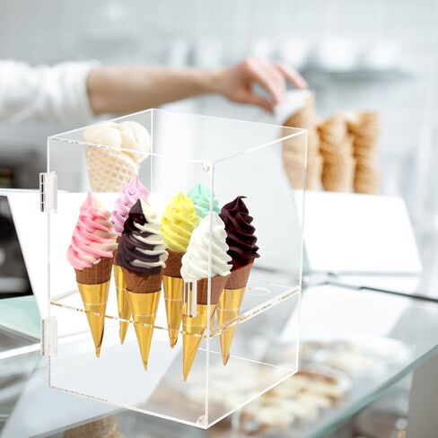 8 Holes Ice Cream Cone Holder Stand, Acrylic Ice Cream Cone Cabinet with Handle, Transparent Waffle Hand Roll Sushi Display Box, Ice Cream Cone Bracket for Weddings, Parties, Anniversaries in Saudi Arabia