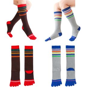2 Pairs Cotton Long Five Finger Socks Calf High Toe Socks Colorful Stripe Winter Leg Warmers Stockings for Women Girls