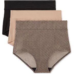 Warner's Women's Blissful Benefits Dig-Free Microfiber Brief 3-Pack RS9043W, Black LACE DOT/Black/Toasted Almond, Large