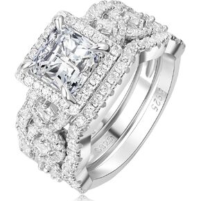 Princess Cut Zirconia Halo Halo Promise Engagement For Women in 925 Sterling Silver ، محاكاة الماس 14 كيلو أبيض حلقات CZ قابلة للتكديس لها ، مجموعة زفاف الزفاف خاتم الزفاف
