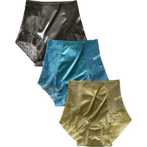 Women's Satin Panties 3-Pack - High Waist Lace Trim, Silk-Lined Comfort, 6-Pack + Wash Bag Included