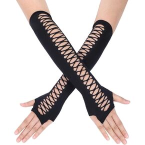 Womens Hollow Out Punk Goth Gloves Cosplay Fingerless Long Gloves Mittens for Halloween Costumn Party (Black)