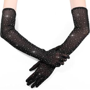 Women's Black Rhinestone Sheer Gloves 1920s Glitter Mesh Gloves Elbow Length Tulle Glove for Bridal Evening Rave Halloween Party