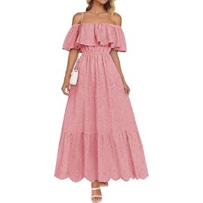 ZESICA Women's 2025 Summer Off Shoulder Ruffle Midi Dress Short Sleeve High Waist Hollow Out Embroidery Party Dresses
