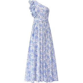 BTFBM Women Summer One Shoulder Floral Wedding Guest Dresses Sleeveless Smocked Ruffle Flowy Beach Vacation Maxi Dress