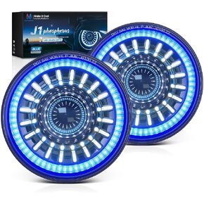 MICTUNING J1 New 7-inch Jeep Front Lights with Blue Welcome Halo Ring, DOT Approved Anti-glare, Round H6024 Assemblies Compatible with Jeep Wrangler