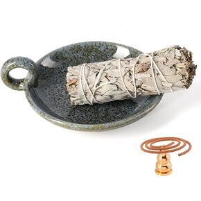 3 في 1 Palo Santo Holder ، حامل Sage للحرق ، صينية حكيم مع حامل الموقد البخور للعصي ، وعاء تلطيخ ، وعاء الموقد الحكيم ، ودرج الصيد الرماد السيراميك لغرفة التأمل (أبيض بني)