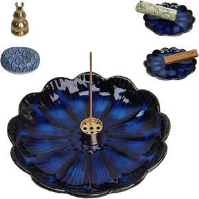 Ceramic Incense Holder, Incense Burner with 3 Pcs Incense Holes, Multi-Purpose Ash Catcher for Sticks, Coils, White Sage & Palo Santo, Smudge Bowl with Elegant Design, Perfect for Home Décor (Blue)