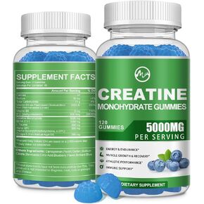 Creatine Monohydrate Gummies - 5000mg Creatine Monohydrate for Men & Women, with BCAA, L-Taurine, Alpha GPC and Omega-3, Increase Strength and Build Muscle, Blueberry Flavor, 120 Gummies