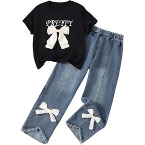 Girl's 2 Piece Outfits Cute Bow Deco Short Sleeve T-Shirt and Denim Pants Clothing Set
