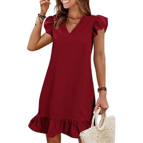 QACOHU Spring Summer Dresses for Women 2025 V Neck Cap Sleeve Ruffle Hem Smock Short Casual Outings Beach Dress