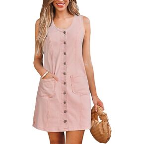 luvamia Denim Dresses for Women Sleeveless Stretchy Jean Summer Casual Western Short Button Down Dress with Patch Pocket