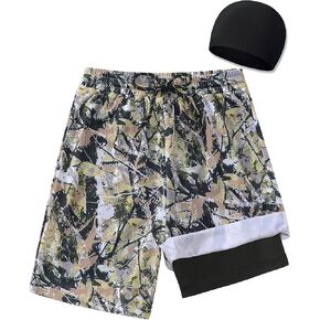 Boys Swim Trunks 2-16 Years Compression Liner Swimsuit Shorts fo Kids Quick-Dry Stretch Swimwear (Includes Swim Cap)
