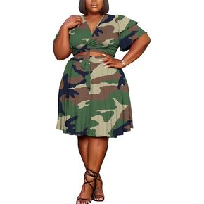 Women's Summer Plus Size 2 Piece Outfits Casual Short Sleeve Bandage Wrap Empire Crop Tops and Midi Skirt Sets
