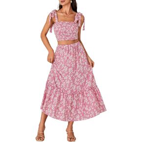 LYANER Women's Boho 2 Piece Outfits Floral Tie Shoulder Smocked Crop Top and Ruffle Beach Maxi Skirt Set