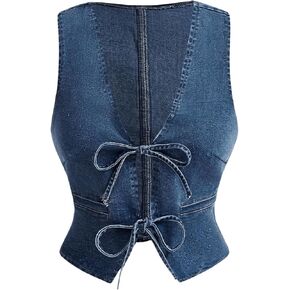 MakeMeChic Women's Deep V Neck Tie Front Denim Vests Sleeveless Asymmetrical Hem Vest Tops