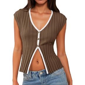 Cicy Bell Womens Cute Going Out Tops Ribbed Button Up Tank Tops Cap Sleeve Sweater Vest Summer Sexy Outfits