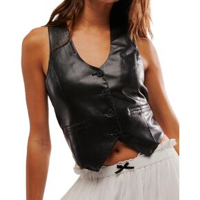 Women Sexy Crop Pu Leather Vest Slim Fit Button V-Neck Waistcoats Faux Leather Motorcycle Streetwear