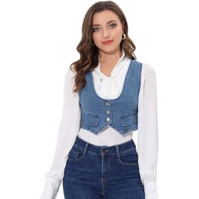 Allegra K Denim Vest for Women's Button Up Sleeveless Crop Jean Vest Waistcoat