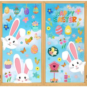 Easter Window Stickers Cartoon Bunny Rabbit Window Clings Reusable PVC Decal for Spring Glass Mirror Decor, 9 Sheets