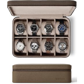TAWBURY 8 Slot Watch Case - Luxury Top-Grain Genuine Leather Watch Box Case | Portable Watch Storage with Plush Microsuede Interior & Flexible ‘M’ Shaped Pillows (Black)