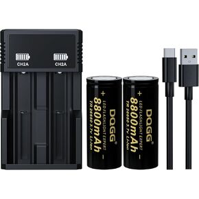 26650 Rechargeable Battery 3.7Volt Li Batteries 8800mAh High Capacity Flat Top for Flashlight Headlamp(2 Pack,26650 Battery+Charger)