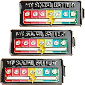 3PCS Social Battery Pins,My Social Battery Pins - Interactive Enamel Mood Brooches with 7 Days Design, for Backpacks, Hats, Bags, Scarves & Clothing Accessories（Pure black dianchi）