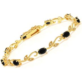 Gem Stone King 18K Yellow Gold Plated Silver Black Onyx and Diamond Greek Vine Tennis Bracelet For Women (3.73 Cttw, Gemstone Birthstone, Oval 6X4MM, 7 Inch)