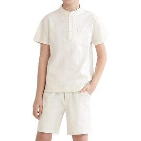 Weixinbuy Boys 2 Piece Summer Shorts Outfits Solid Henley Short Sleeve Shirt Beach Short Suit 5-12 Years Kids Clothes Set