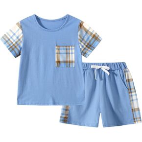 Boys Clothes Shorts Sets Short Sleeve Cute Patchwork Plaid Top and Cotton Shorts for Kids Summer Outfits