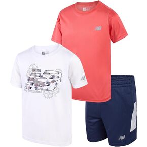 New Balance Boys' Athletic Shorts Set - 3 Piece Performance Jersey Short Sleeve Shirts and Basketball Shorts (Sizes: 8-12)