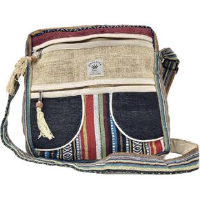 Hemp Crossbody Messenger Bag - Unisex Hippie Travel Bag - Light Side Bags with pocket - 4 Compartments, Zipper Closure