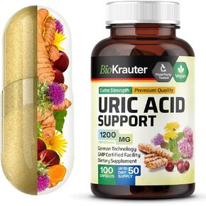 BIO KRAUTER Uric Acid Support Capsules 1200 mg Blend - 100 Count - Kidney Supplement w/Tart Cherry 10:1 Extract - Milk Thistle & Turmeric Extract - Vegan
