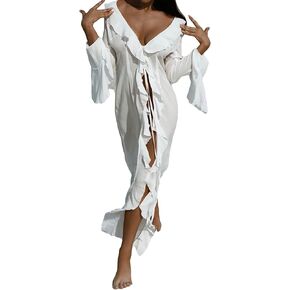 NRTHYE Women Mesh Long Flowy Kimono Cardigan Sexy Sheer Long Sleeve Ruffled Chiffon Duster Robe Summer Beach Cover Up in Kuwait