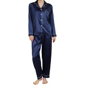 Women's Pajamas Set Satin Long Sleeve Button Down 2 Piece Silk Loungewear Sleepwear Pjs Set