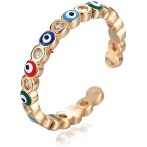 COLORFUL BLING Evil Eye Ring 14K Gold Plated Open Ring Minimalism Suitable Protection Jewelry Adjustable Size for Women Girls