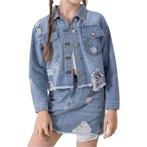 WDIRARA Girl's Distressed Denim Jackets Raw Hem Button Down Long Sleeve Jean Outerwear